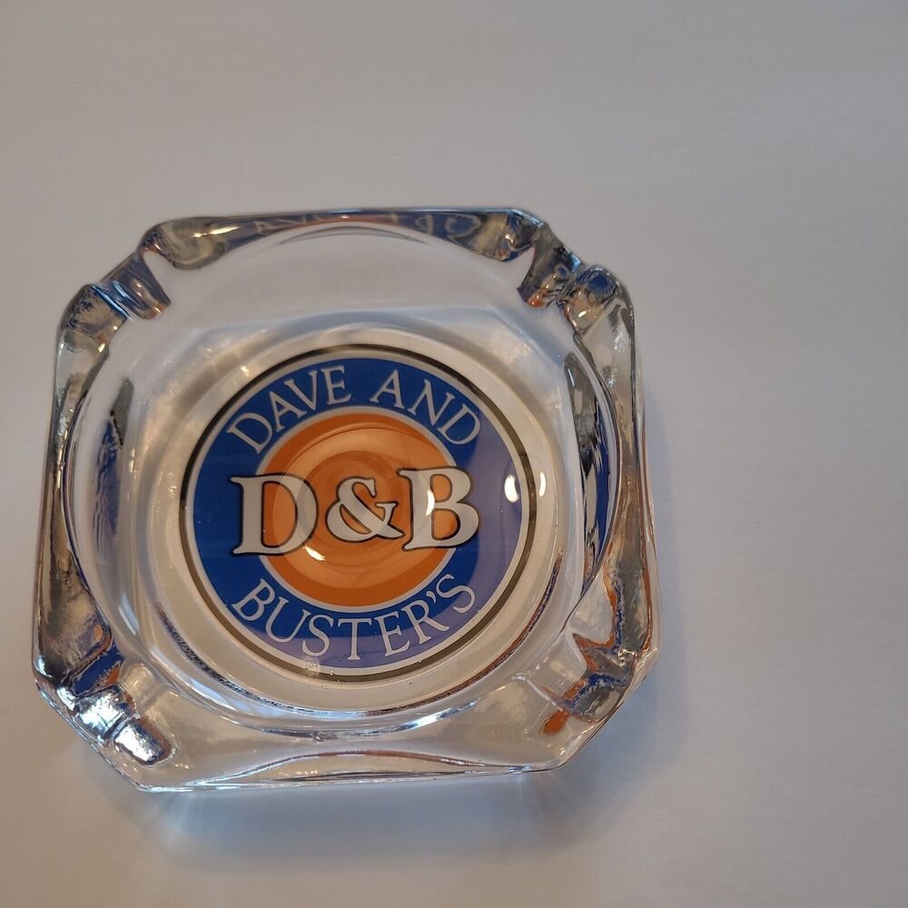 Dave and Busters D&B Logo Ashtray 3.75"x3.75" Clear Glass Square Vintage